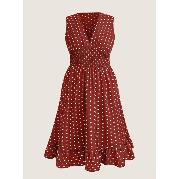 Plus Size Polka Dot Dress 4XL Deep V Neck Fit and Flare Red US 20 - Picture 7 of 12